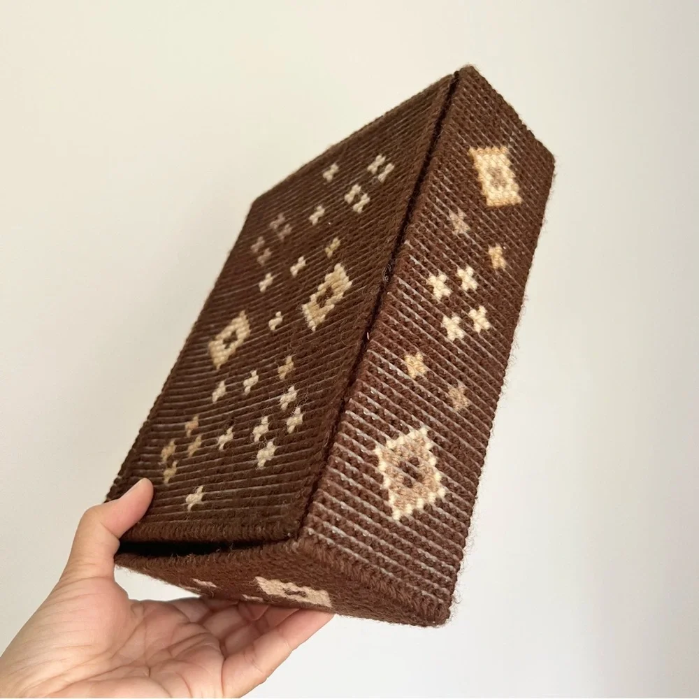 Vintage Handmade Needlepoint Card or Trinket or Keepsake Box Brown Diamonds